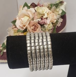 Vintage Heavy Silver Tone Square Linked Statement Stretch Bracelet